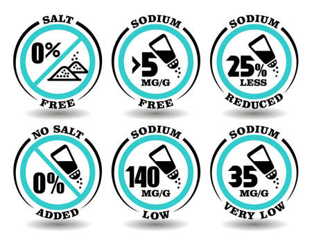 Concept sign set of round icons Salt Free meal, Sodium Free food, No Salt Added product, Very Low Sodium level diet for package of healthy non-salty food, drinks, cosmetics without sodiumのイラスト素材