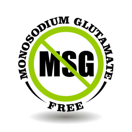 Vector stamp Monosodium Glutamate free, non MSG, no sodium additive in cosmetic, food, medical product. Round prohibited icon for packaging symbolのイラスト素材