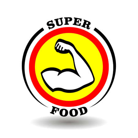Creative round logo Super Food with muscle male arm icon, strong shoulder sign, athletic man hand pictogram for healthy meal symbol, sport nutrition label, organic dieting packagingのイラスト素材