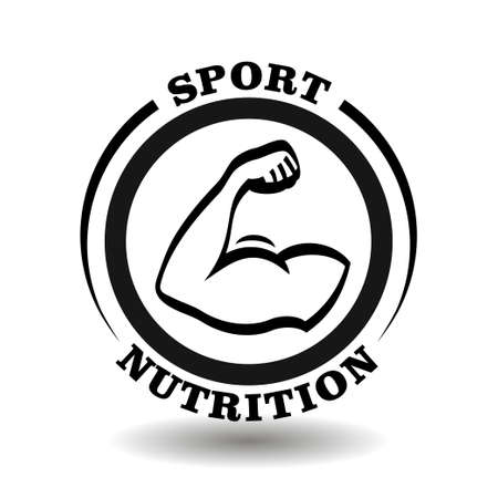 Creative round logo Sport Nutrition with muscle male arm icon, strong shoulder sign, athletic man hand pictogram for healthy meal symbol, sportive food label, organic dieting packagingのイラスト素材