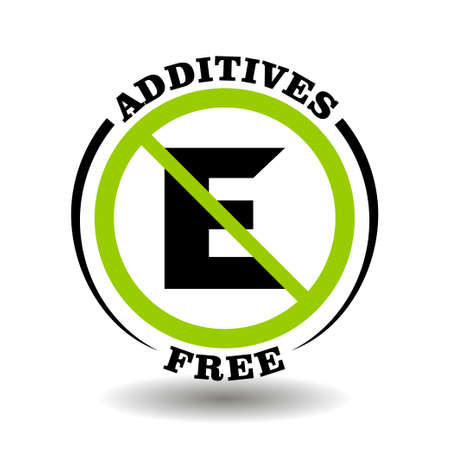 Additives free vector stamp with prohibited letter E icon. No preservatives sign for natural healthy food, organic cosmetics packaging symbolのイラスト素材