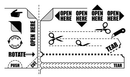 Vector set of Open here label, Tear stripe, Push sign, Cut line, Rotate arrow, Corner sticker with simple illustrations of scissors, knife, zip, pointing finger hand symbols for product package. Editable strokeのイラスト素材
