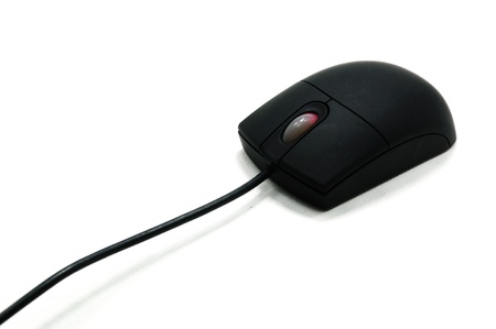 black computer mouse with cable on white backgroundの写真素材