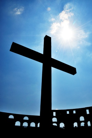 cross silhouette with power of sunの写真素材