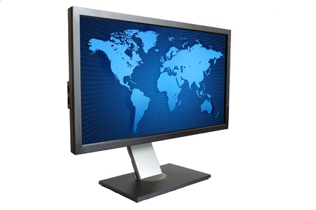 Computor LCD Monitor with blue world map isolated on white backgroundの写真素材