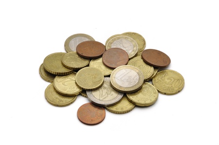 Heap of euro coins isolated on white backgroundの写真素材