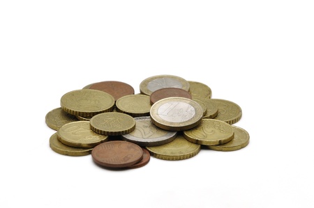 Heap of euro coins isolated on white backgroundの写真素材