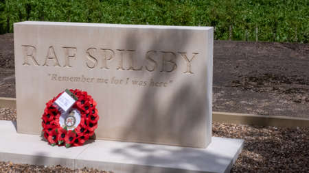Spilsby, Lincolnshire/United Kingdom - July 5 2019. Poppy Wreath at the Memorial at RAF Spilsby, a WW2 Bomber station for Avro Lancasters of RAF 207 Squadron in 1944のeditorial素材