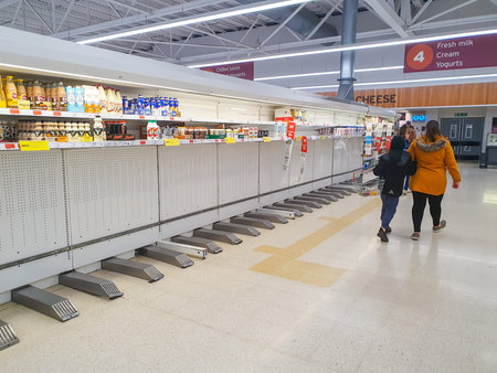Derby, United Kingdom, Mar,21,2020: No Milk in Supermarket due to pain buying during the Coronavirus...