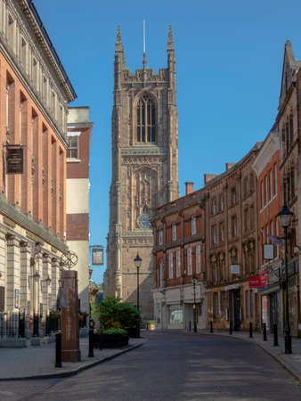 Derby May 31 2020: Derby Cathedral viewed looking from Irongate, Derby City Centre Derbyshire United Kingdomのeditorial素材