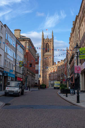 Derby UK, October 4, 2020:  Derby Cathedral viewed looking up Irongate.のeditorial素材
