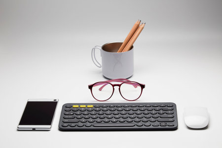 Office table with office supplyの写真素材