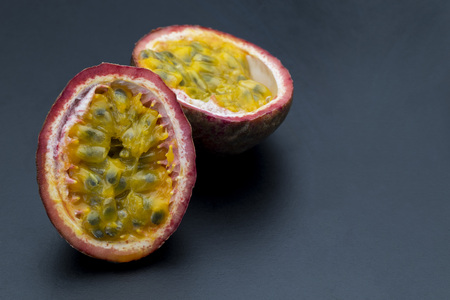 Passion fruit isolated on back backgroundの写真素材