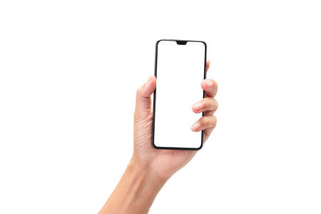 Hand holding smartphone with blank screen on white backgroundの写真素材