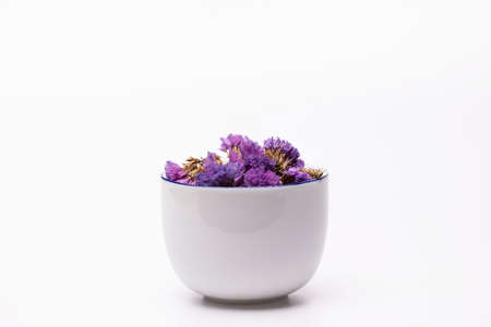 Blue dried flowers in a coffee cup with negative spaceの写真素材