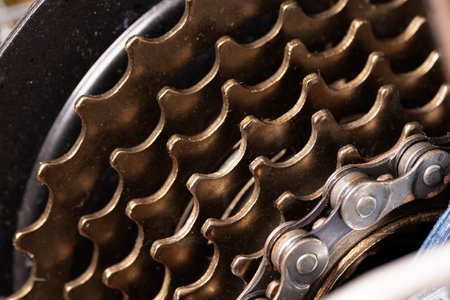 Close-up view of bicycle gear parts, through the actual useの写真素材