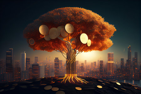 Golden tree growth up in front of cityscape, Generative AIの素材