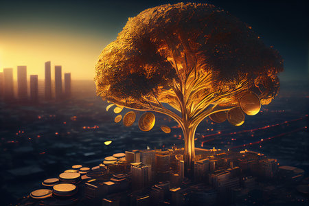Golden tree growth up in front of cityscape, Generative AIの素材