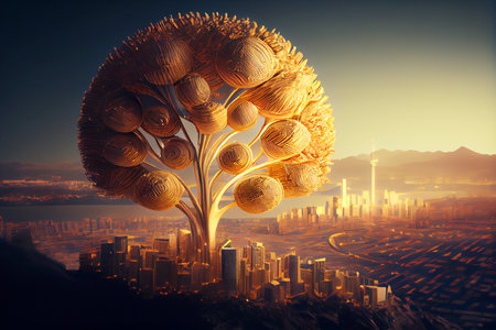 Golden tree growth up in front of cityscape, Generative AIの素材
