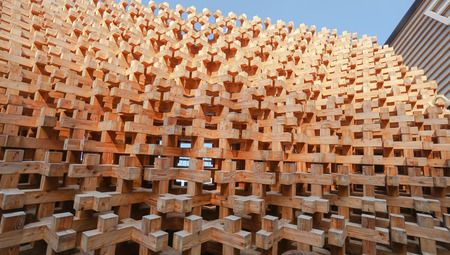 wood block structure pattern of facade buildingの写真素材