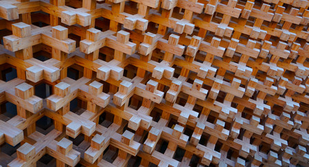 wood block structure pattern of facade buildingの写真素材