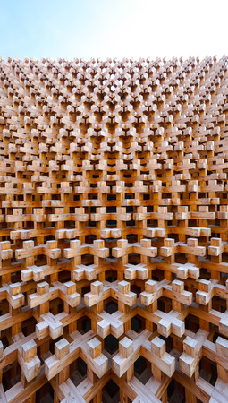 wood block structure pattern of facade buildingの写真素材