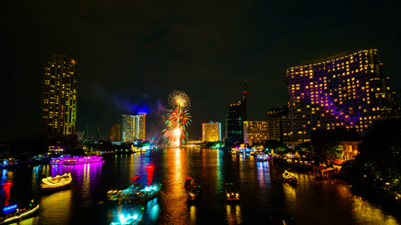 Firework on river, Bangkok Thailandの写真素材
