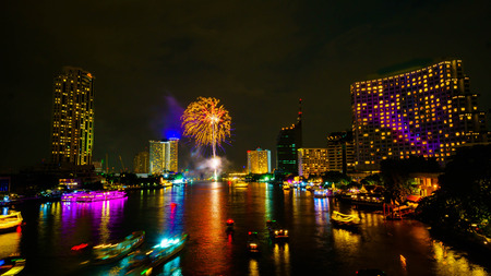 Firework on river, Bangkok Thailandの写真素材