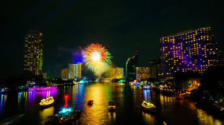 Firework on river, Bangkok Thailandの写真素材