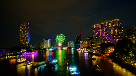 Firework on river, Bangkok Thailandの写真素材