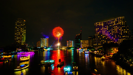 Firework on river, Bangkok Thailandの写真素材
