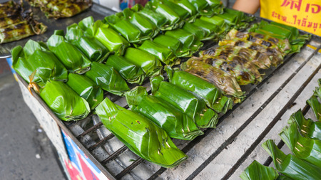 Sticky Rice with Coconut Milk  Banana leaf coverの写真素材