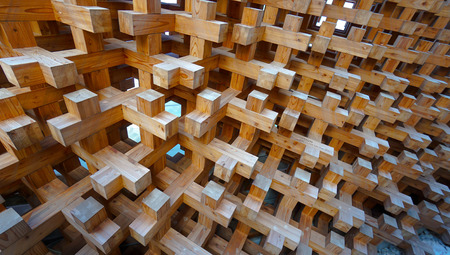 wood block structure pattern of facade buildingの写真素材