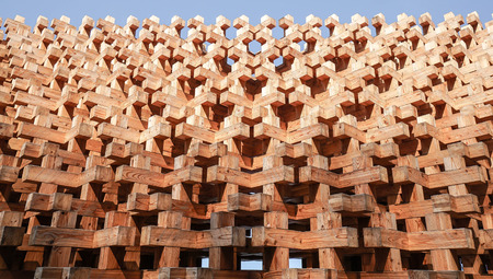 wood block structure pattern of facade buildingの写真素材