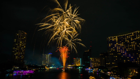 Firework on Chaopraya river, Bangkok Thailandの写真素材