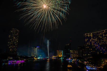 Firework on Chaopraya river, Bangkok Thailandの写真素材