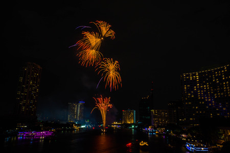 Firework on Chaopraya river, Bangkok Thailandの写真素材