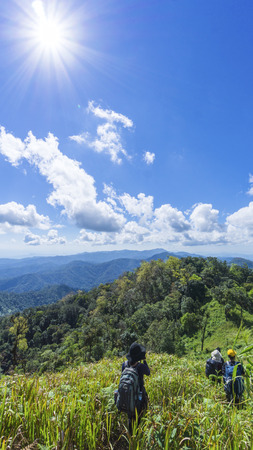 hiking with a backpack and mountain panorama, Chiangmai Thailandの写真素材