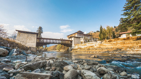 The bridge across the river with traditional bhutan palace, Paro Rinpung Dzong, Bhutanのeditorial素材