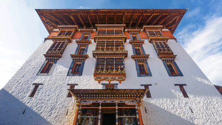 PARO BHUTAN MARCH 02 2016 :the main tower for prayer with asian art window and roof at Paro Dzong, Bhutanのeditorial素材