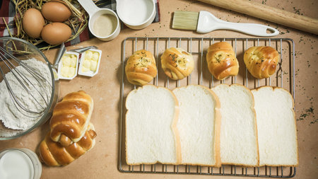 Fresh bread and ingredients on wood table with space. Top view