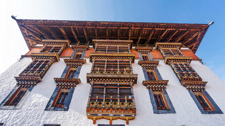 PARO BHUTAN MARCH 02 2016 :the main tower for prayer with asian art window and roof at Paro Dzong, Bhutanのeditorial素材