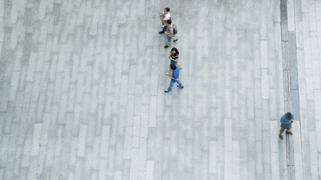 top aerial view of people walk on pedestrian street cityの写真素材