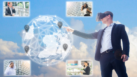 business man using VR headset and interacting with object world display and connect to people using...