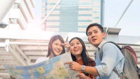 traveler couple people use generic local map and talk with adviser business woman. Honeymoon trip,...