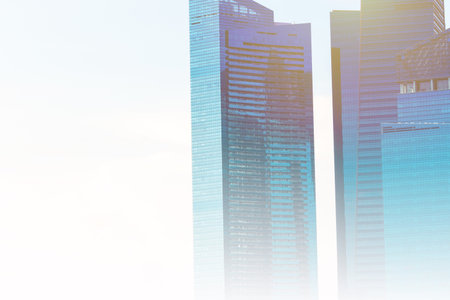 perspective exterior pattern blue glass wall modern buildings.Concept post edit blur and flare...