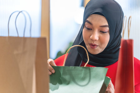 happy face muslim woman in red dress checking shopping bags. Concept people activity in shopping festival season christmas and new year.の写真素材