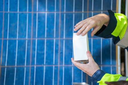 worker hands showing and checking model building and solar cell panel for sustainable technology. Concept install construction photovoltaic panel renewable energy.の写真素材
