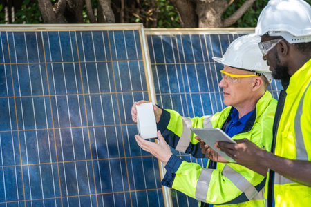 factory worker technician engineer men showing and checking solar cell panel for sustainable technology with working suit and helmet. Concept install construction photovoltaic panel renewable energy.の写真素材