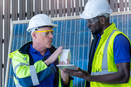 team factory worker technician engineer men showing and checking model building and solar cell panel for sustainable technology. Concept install construction photovoltaic panel renewable energy.の写真素材
